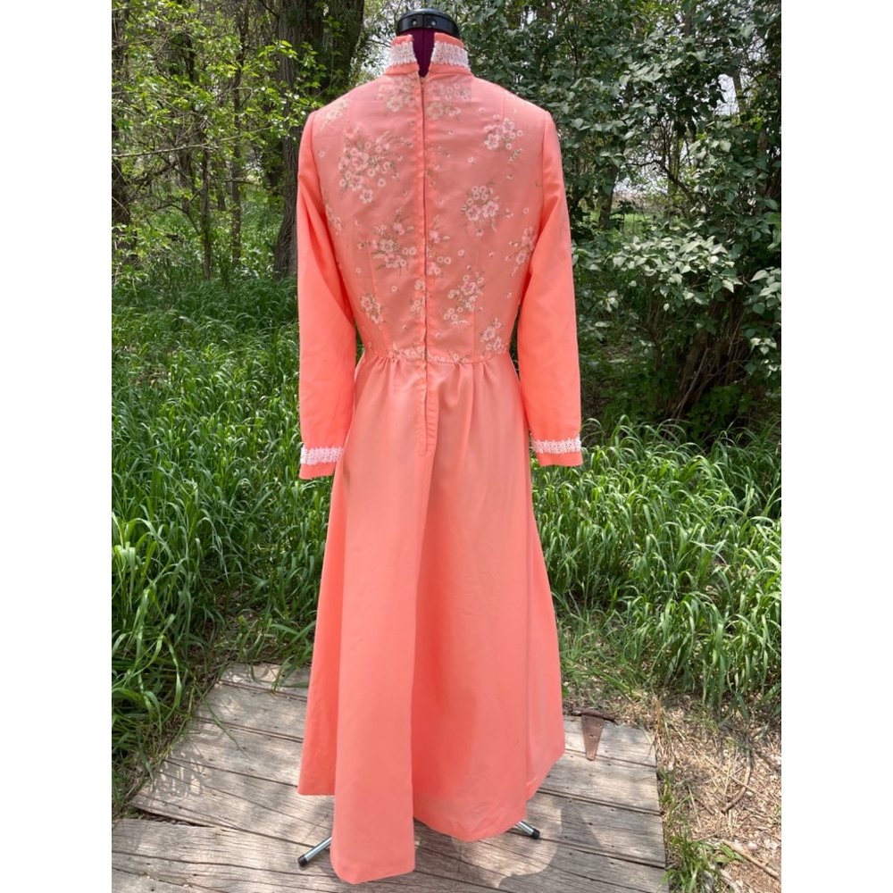 Vintage Peach Floral 1970s Long Maxi Dress Size Medium - Picture 6 of 16